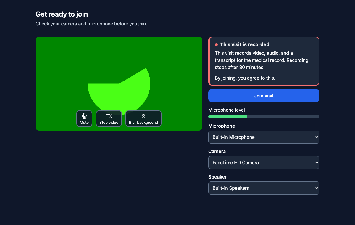 Get ready to join. Camera preview, microphone, camera, and speaker pickers, and the recording notice beside Join visit.