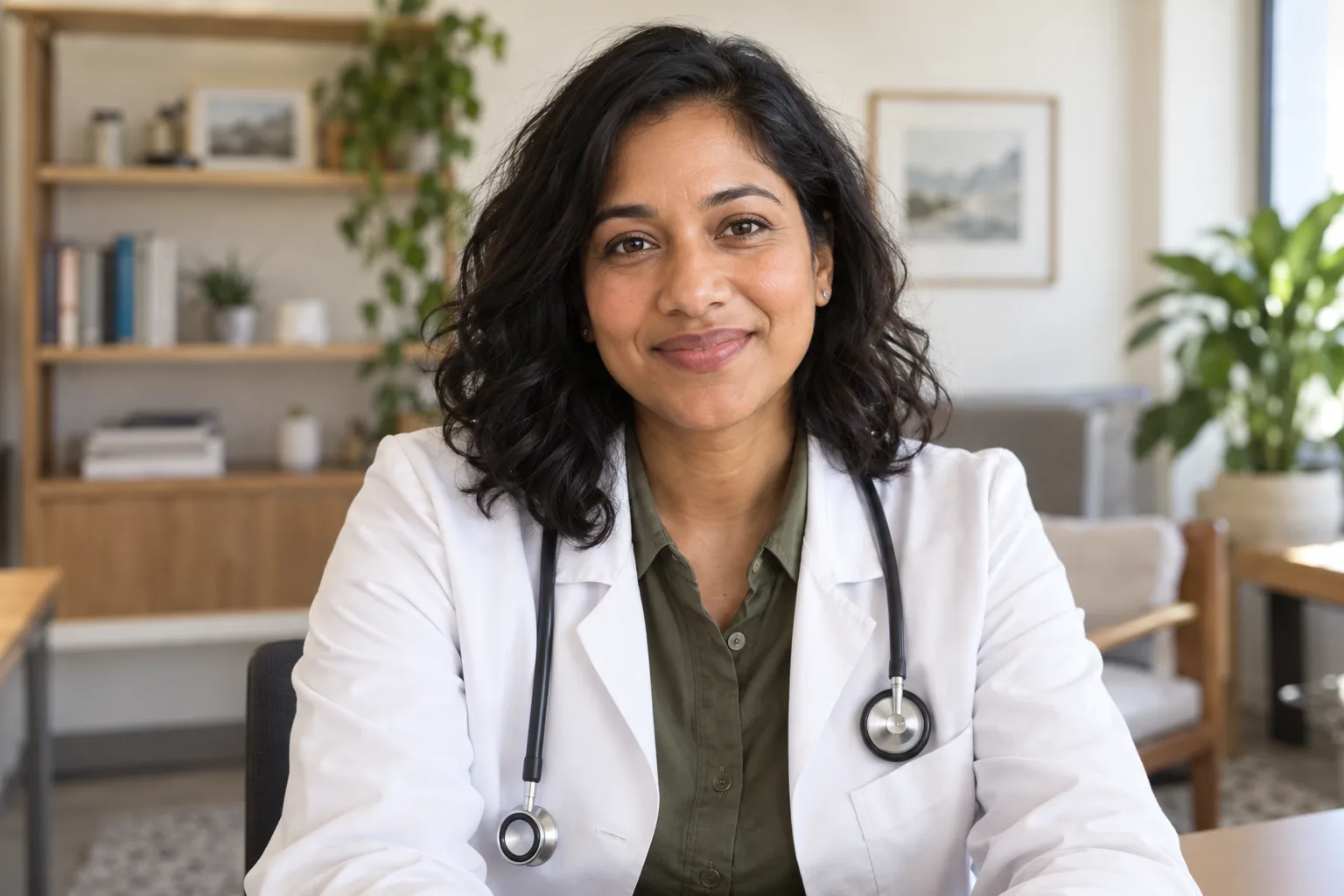 Illustrative provider smiling toward the camera in a sunlit office